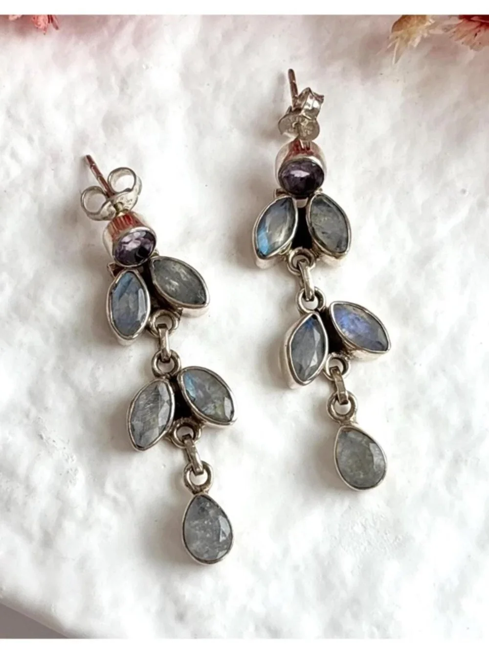 Moonstone Marquise Gemstone Marquise Shaped Vintage Sterling Silver 925 Earrings